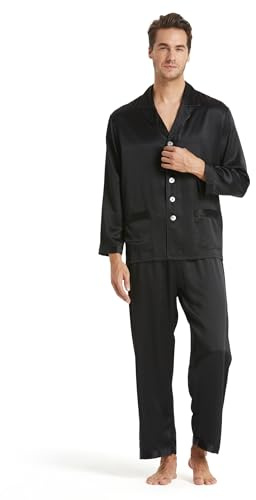 LilySilk Conjunto de pijama de seda de morera de 16 Momme, Top con mangas largas, puños con bandas y el fondo de cintura elástica para hombre Grande Negro