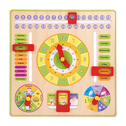 Wooden Calender Clock, Educational Learning Time Date Season Weather Toy Early Education Puzzle Learning Toy for Boys Girls Children Gift