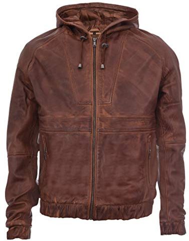 Infinity Leather Chaqueta Motera de Cuero con Capucha de Marrón Oscuro y Capucha de los Hombres.