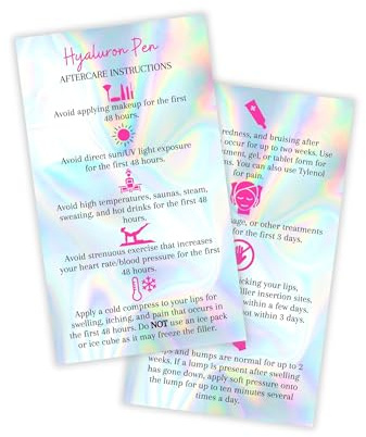 Hyaluron Pen Filler Aftercare Instructions Card | 50 Pack | Physical Printed 2x3.5” inches Business Card Size | Holographic with Pink Icons Design