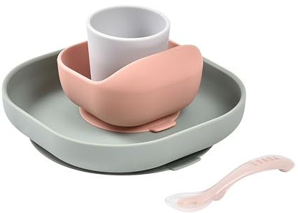BÉABA - Set Pappa in Silicone, 4 Pezzi : Piatto + Scodella + Ciotola + Cucchiaino Svezzamento, Antiscivolo : con Ventosa, per Bambini e Neonato, Eucalyptus