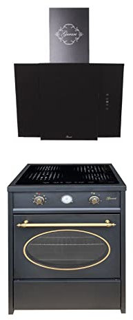 GURARI Herdset GCH E 612 BL r + GCH S 171 60 BL Prime, Retro Induktions Standherd 60 cm, Range Coocker, 60 L, Schwarz + Dunstabzugshaube, Wandhaube, Kopffrei Haube 60 cm, Schwarzglas, Abluft/Umluft