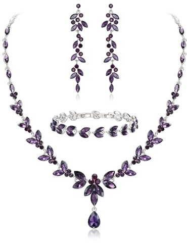 EVER FAITH Juegos de Joyas Mujer Cristal Austriaco Hoja Elegante Marquesa Conjunto de Collar Pendientes y Pulsera de Tenis para Boda Violeta Tono Plateado