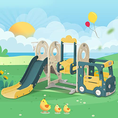 5 In 1 Kinder Rutsche ab 3-8 Jahre für Indoor und Outdoor, Kinder Spielplatz mit Basketballkorb, Bus, Schaukel, Rutsche und Trittleiter, Gartenrutsche, Schaukelgerüst, Kinderschaukel, Grün