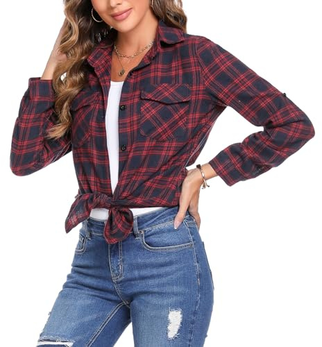 Totatuit Womens Checked Flannel Shirt Long Sleeve Button Down with Pocket
