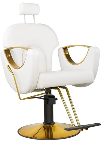 LipomA Sedia da Parrucchiere con Poggiatesta, Sedia da Parrucchiere Regolabile in Altezza, per Uomo E Donna, Stile Vintage retrò, in Ecopelle,Bianca