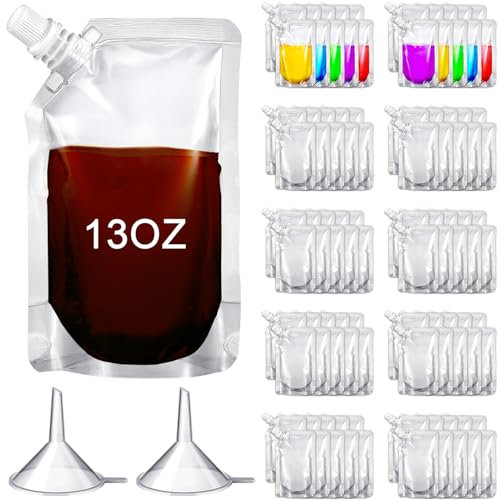 Meanplan 100 Pcs Plastic Pouches Bulk Reusable Squeeze Pouches Clear Juice Drink Bags Leak Proof with Funnel for Adults Travel Beverage Women Men(13 oz,Inclined Mouth)