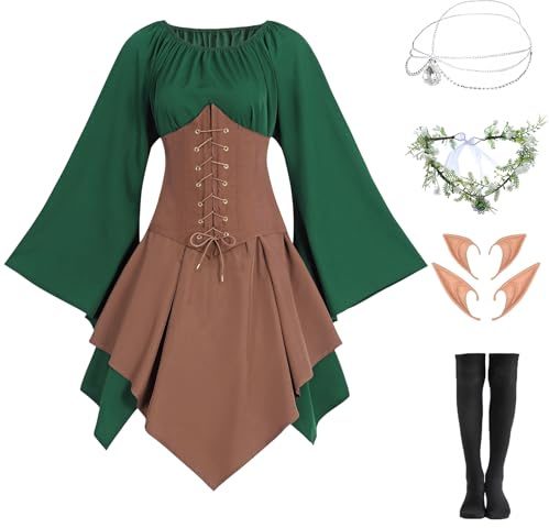 Vêtements gothiques médiévaux pour femme - Robe traditionnelle irlandaise Renaissance - Vert - Costume de carnaval, Halloween, pirate - Avec tête, chaîne, couronne de fleurs, oreilles d'elfe -