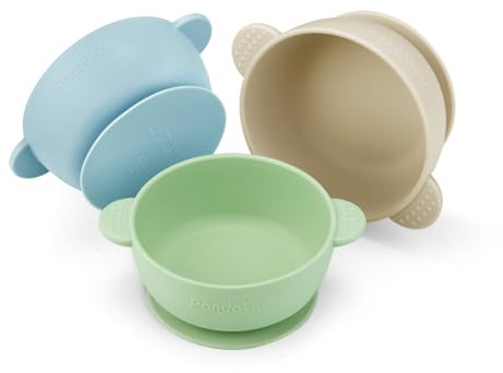 PandaEar 3 Stück Baby Schalen mit Saugnapf, Brei Schale Baby Kinder Schüssel, Silikon Schüssel Baby Bowl für Kinder Kleinkinder Säuglinge, Weich, Sicher, BPA-frei Silikon, Blau/Grün/Leinen