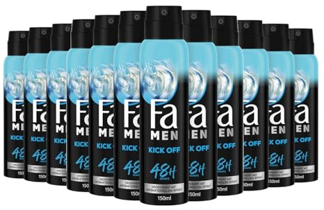 Fa män deodorant & kroppsspray Kick Off (12 x 150 ml), deodorantspray med aktiverande fräsch doft, deodorant utan aluminium för upp till 48 h deodorantskydd, lämnar inga deodorantrester