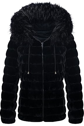 Geschallino Veste Réversible en Fausse Fourrure pour Femmes Grande Taille Courte Hiver Chaud Manteau avec Capuche 19225Plus noir XXL