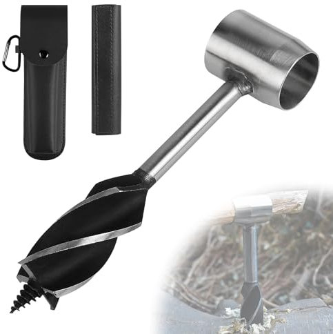 EFUTURETIME Taladro Manual Bushcraft, φ25x230mm, Taladro de Madera de Acero con Bolsa de Cuero Negro, Bushcraft Set para Trabajos en Madera, Supervivencia al Aire Libre