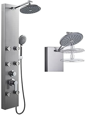 ROVOGO Duschpaneel mit Armatur, Duschpaneele mit 6 Massagedüsen, Regendusche und 5 Modi Handbrause, Duschsäule 304 Edelstahl mit Höhenverstellbar Duscharm/Duschkopf, Gebürstet