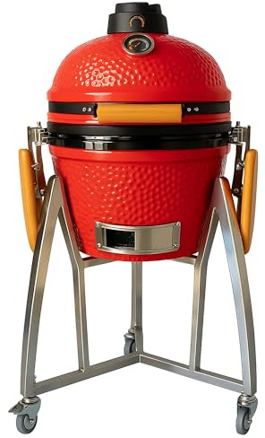 Kamado, barbecue giapponese in ceramica, diametro 40 cm, tavolini pieghevoli e ruote, carbone di legno, termometro incorporato, manico in legno, colore rosso, ideale per giardino, terrazza, campeggio
