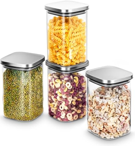 Qixora Botes de Cristal de Cocina, 4PCS Tarros de Cristal con Tapa, 1100ml Tarro de Vidrio de Almacenamiento, Frascos de Vidrio Herméticos Apto para Avena, Café, Judías, Té, Harina, Cereales, Galletas
