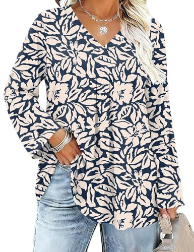 IECCP Chemisier à manches 3/4 roulées et col en V pour femme - Grande taille - Décontracté - Tendance - Manches longues - Tunique ample (1X-5X), XL