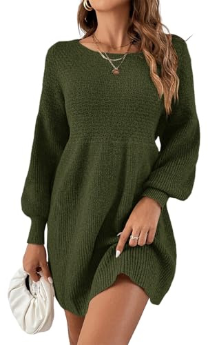 Saodimallsu Vestido de punto de mujer con cuello redondo, mangas abullonadas, talle alto, elegante suéter, vestido de línea A, minivestido, Verde militar., L