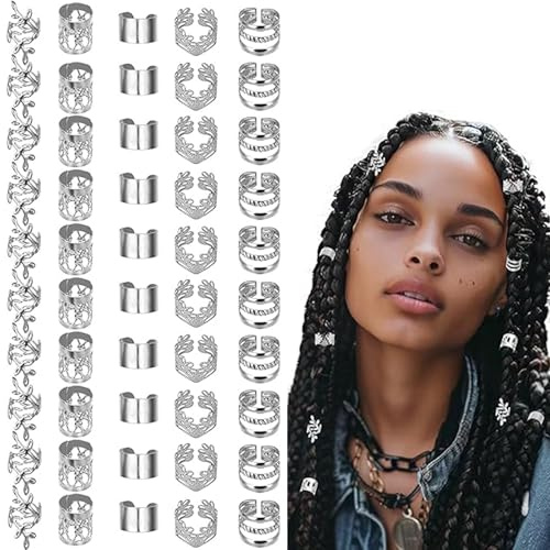 EUZUXU 50 Piezas de Anillos Dreadlock, Ajustables Cabello Trenzas De Metal Accesorio, Accesorios para Rastas para Hombres, Mujeres, Niñas - Plata