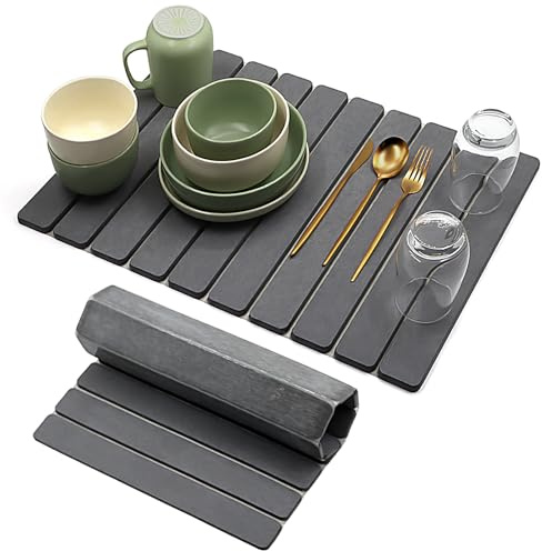Tappetino Scolapiatti 60 x 40 cm – Tappetino Assorbente Cucina in Terra di Diatomee, Assorbente, Asciugatura Rapida, Antiscivolo, per Cucina (Grigio Scuro, 60 x 40 cm)