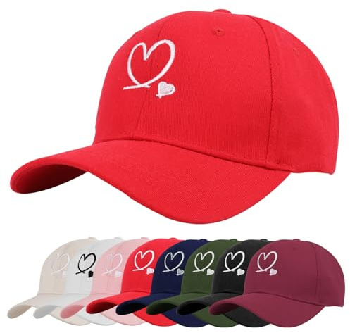 Tiakay Unisex Heart Embroidered Baseball Cap - Adjustable Cotton Breathable UV Protection Summer Sun Hat for Casual Outdoor Travel Sport Wear Sports Cap (Red)