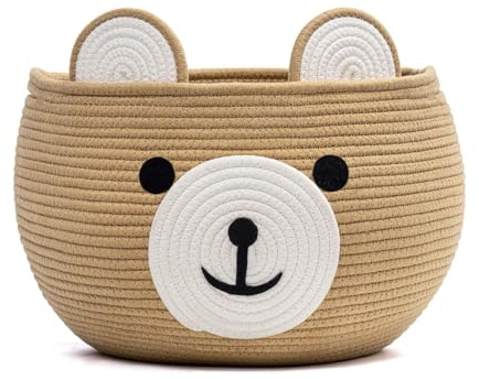 Linda Cesta de Almacenamiento Tejida con Animales, PandaEar Cesta de Cuerda Algodón para Bebé, Cestas Almacenaje de Cuerda de Algodón con Asas Laterales, Tejida Cestas de Juguete para Niños, Caqui