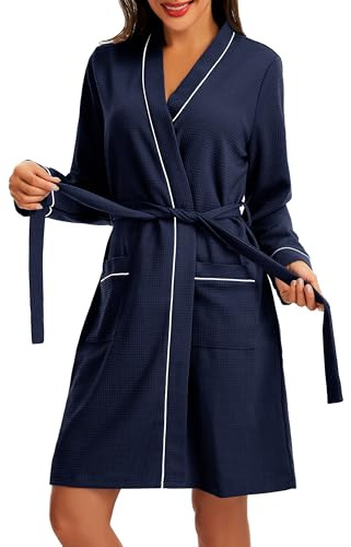 Lovasy Peignoir de Bain Femme Coton Robe de Chambre en Tricot Gaufré à Manches Longues Kimono Doux et Confortable Longueur du Genou Loungewear Col V avec Ceinture
