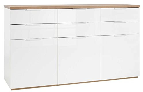 Kommode Sideboard Mehrzweckschrank | Dekor | Weiß Hochglanz | Riviera Eiche | 3 Türen | 6 Schubladen
