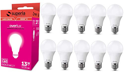 Superia Lampadina LED E27 Goccia, 13W (Equivalenti 75W), Luce Calda 3000K RA80, Luminosa 1230 lumen, copertura opale A60, Attacco edison, Risparmio Energetico, Nessuno Sfarfallio, OP13GC Pacco da 10