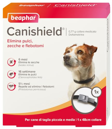 Beaphar Canishield, Collare Antiparassitario per Cani 48 cm, per Cani di Taglia Piccola e Media, Contro Pulci e Zecche, Confezione da 2 Collari