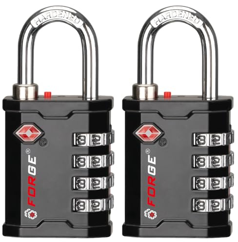 Forge 4-Digit TSA Approved Travel Locks – Heavy-Duty Combination Padlock for Travel, Gym, Pelican Case. Black 2-Pack.