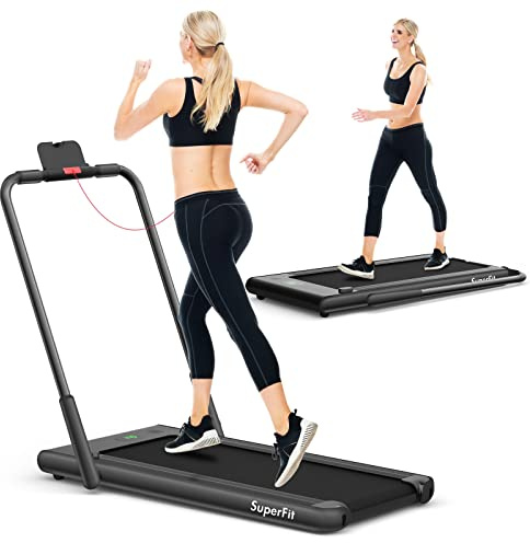 GOPLUS Tapis de Course Pliable 2-en-1, Tapis Roulant Vitesse Réglable 1-12 KM/H avec Écran LED et Bluetooth, Télécommande, pour Maison, Gym, Bureau