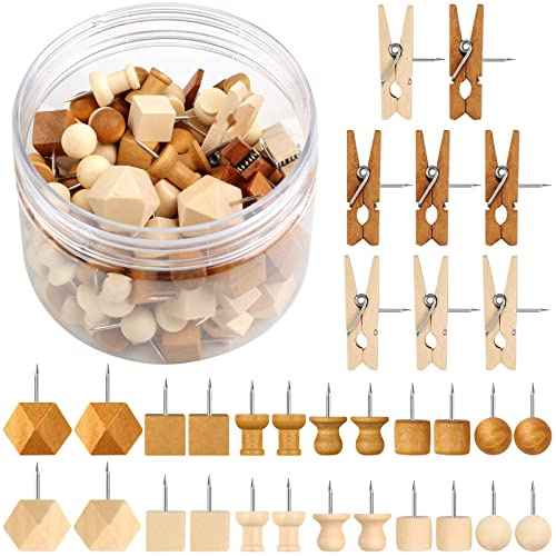 120Pcs Wooden Thumb Tacks, 7 Shapes Push Pins for Cork Board Decoration, Wall, Bulletin Boards, Whiteboards, Photo Walls, Crafts Project - Wood and Brown