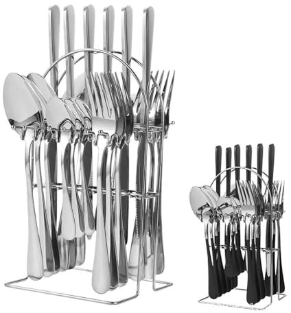 Set di posate 24 pezzo Acciaio inossidabile, set posate Impiccagione 24 pezzi incluso coltello forchetta cucchiaio con rack di stoccaggio, posate in lavabili, Set Di Stoviglie Da Cucina Occidentale