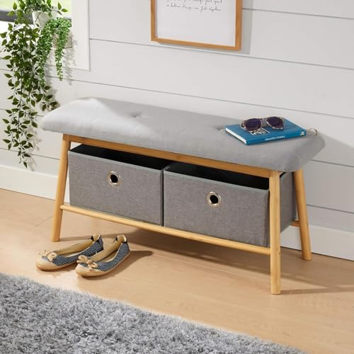 Home Source Jenson Bamboo Bench with Grey Padded Seats, 2 Pull Out Fabric Storage Boxes, Hallway Storage Bench