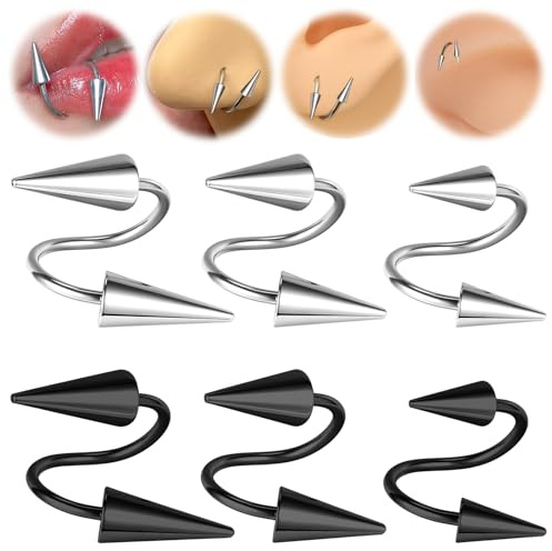 BodyAce Spike Nose Rings Spiral Lip Rings, Stainless Steel Black Spike Earrings Cartilage Helix Piercing, Punk Spike Lower Labret Studs Piercing Jewelry (Bar Length:8mm)