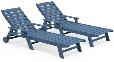 SERWALL Patio Chaise Lounge Chair Set of 2, 78'' Long 5-Positions Adjustable HDPE Outdoor Lounger for Pool, Poly Lounge Chair with Rolling Wheels & Cup Holder for Poolside, Deck, Blue