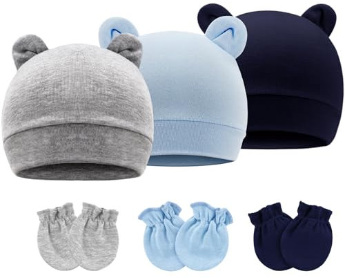 DRESHOW Neugeborene Babymützen Fäustlinge Set Krankenhausmütze Beanie Bärenohren Säuglingsmützen Baby Baumwollhandschuhe Kratzfreie Fäustlinge für 0-6 Monate