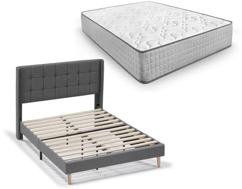 HOGAR24 ES - Estructura de Cama Tapizada con Cabecero, Láminas de Madera + Colchón Viscoelástico Natur Plus Edition 24, Medida: 135x190 cm