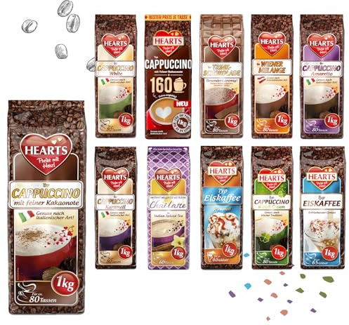 HEARTS Cappuccino Eiskaffee Trinkschokolade Latte - 11 Packungen Mix á 1kg - Exklusiver Probierpack - alle Geschmacksrichtung, Vorteilspack Familienpackung