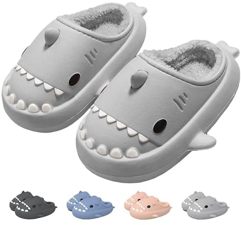 IDEINER Invierno Tiburón Zapatillas Mujer Hombre Forro de Felpa Tiburón Pantuflas Peluche Winter Shark Slides Térmico Impermeable Antideslizantes Cómodo Casa Slippers Adulto Gris Talla 38/39