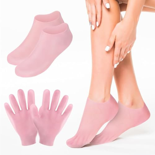 SGERUFZ 3 Paia di calze in gel idratanti e guanti in silicone Calze in gel per la cura dei piedi screpolati Colore rosa
