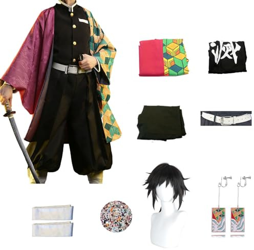 KHHK Anime Demon Kimetsu Tomioka Giyuu Disfraces de Cosplay Peluca de tensión Completa de Mitsuri para Accesorios de Kimono de Halloween Uniforme de Traje para niños14+, S