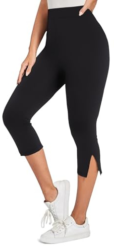 Ladies Capri Summer Pants Slit Short Crop Stretch 3/4 Length Three Quarter Pedal Pusher Clothes Elasticated Bengaline Cut Off Cropped Trousers for Women UK Sale Clearance Black