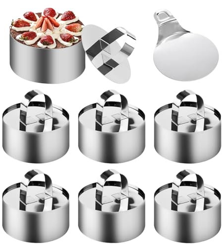 ZMDMAH 6 anillos de postre de acero inoxidable de 8 cm, anillos para servir para tartas, pequeños anillos con 6 tapas y 1 elevador para la fabricación de tartas de mousse, galletas y pudding