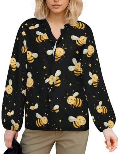 Honey Bee on Black Long Sleeve Shirts for Women Tops V Neck Casual Comfortable Shirt Soft Blouses 2XL