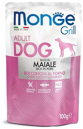 Monge Grill Bocconcini Ricco in Maiale per Cani Adulti, Cibo Umido Grain Free con Chondroitina e Glucosamina, 100g, 12 bustine