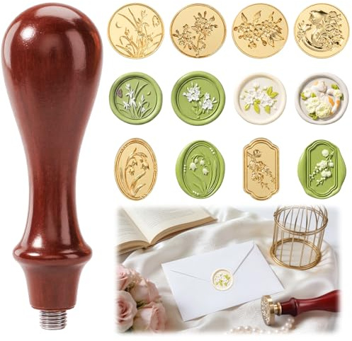 Kit Sceau de Cire avec Manche en Bois et 6 Têtes Interchangeables, Cachet de Cire Floral Amovible pour Invitations, Lettres, Enveloppes, Emballages Cadeaux et Projets DIY