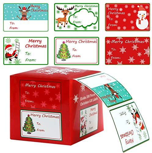 Elcoho 300 Pieces Christmas Self Adhesive Gift Tag Self Stick Stickers Gift Name Tag Christmas Stickers with 6 Different Designs