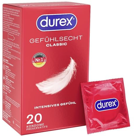 Durex Gefühlsecht Classic Kondome – Dünne Kondome mit anatomischer Easy-On-Form & mit Silikongleitgel befeuchtet – 20er Pack (1 x 20 Stück)