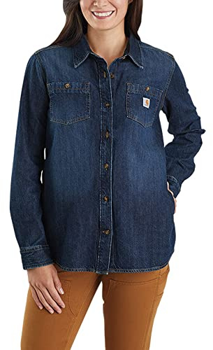 Carhartt Camisa de manga larga de mezclilla de ajuste relajado para mujer, Zion, Large